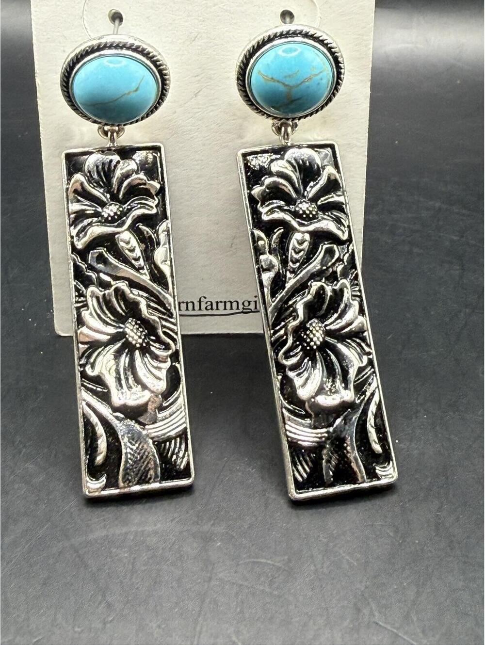 Western Farmgirl Turquoise & Black Floral Dangle Earrings - SouthWestern Style